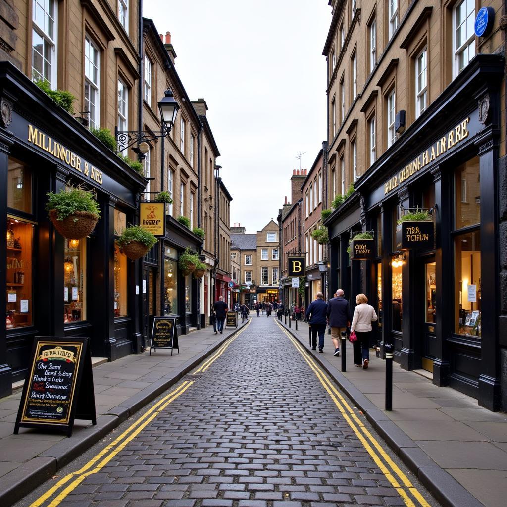 Cobblestone street lined with shops and pubs in historic Midlothian