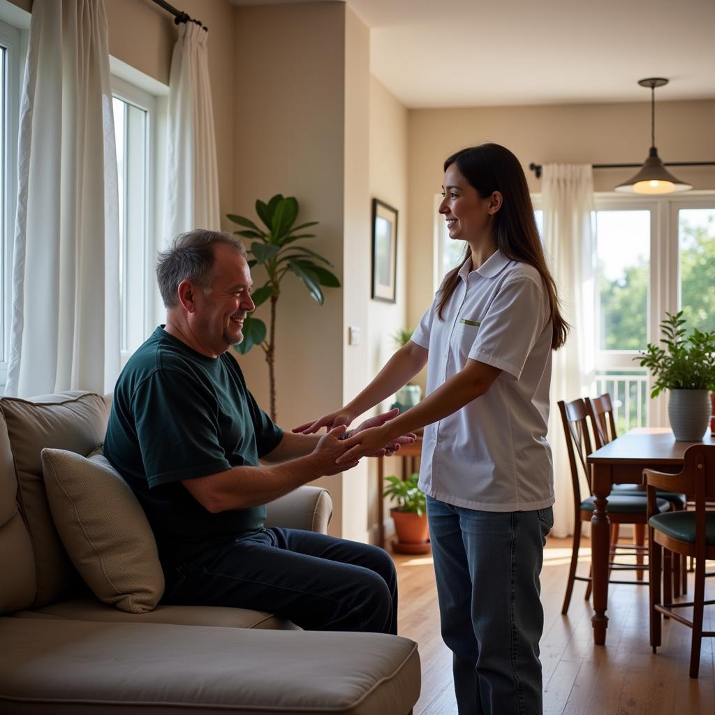 A physical therapist assists a patient in their home in Santiago