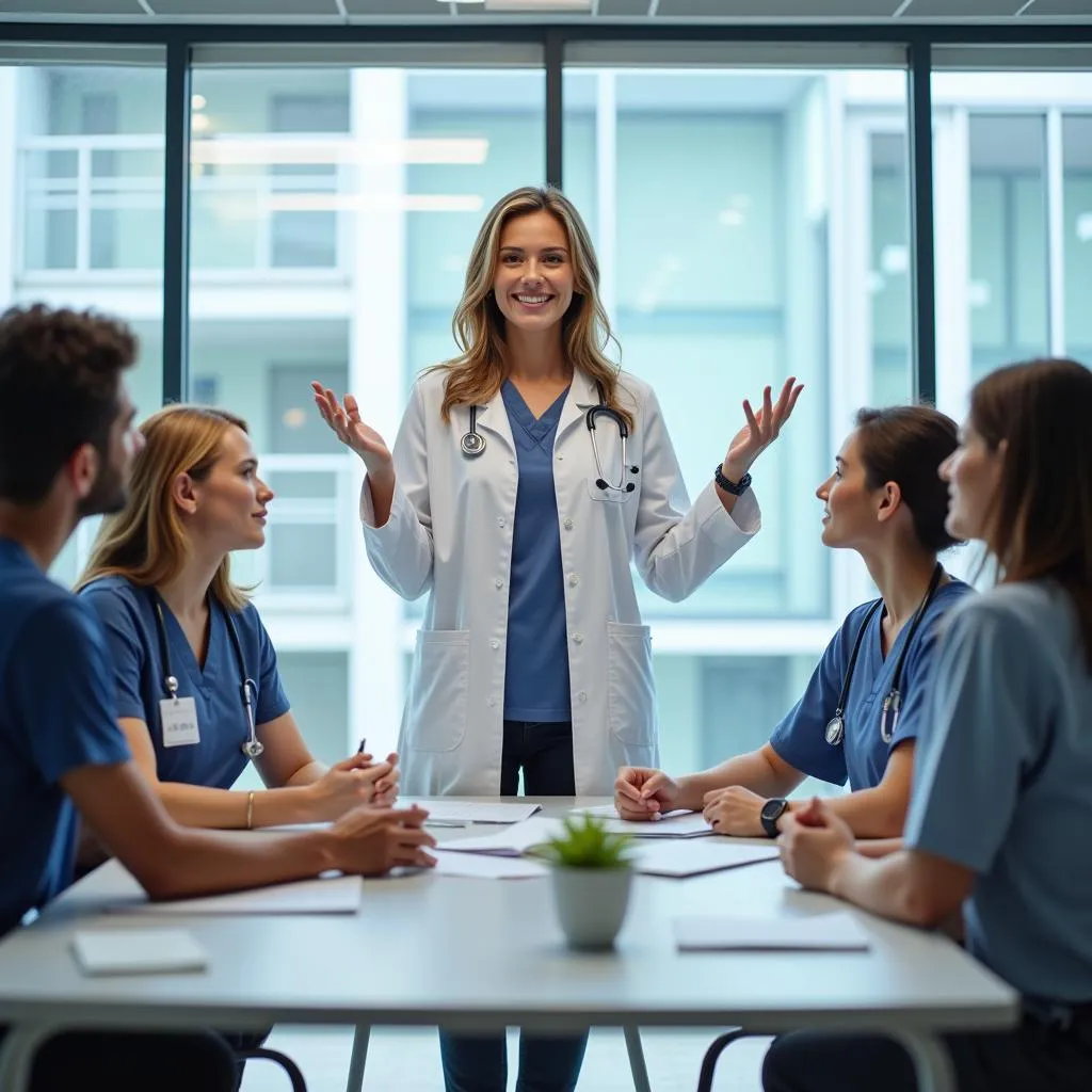 A hospital administrator leads a team meeting in a hospital conference room