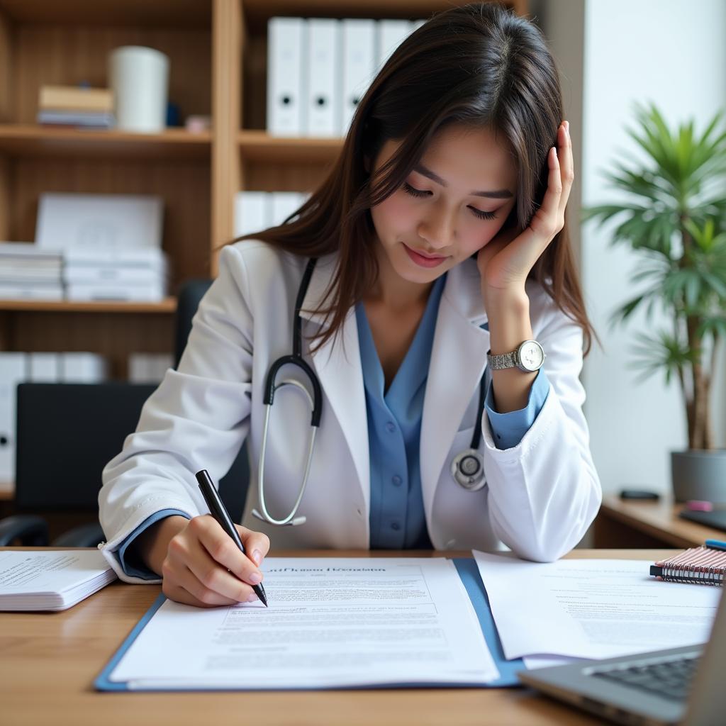 Hospital administrator meticulously reviewing and updating a policy document.