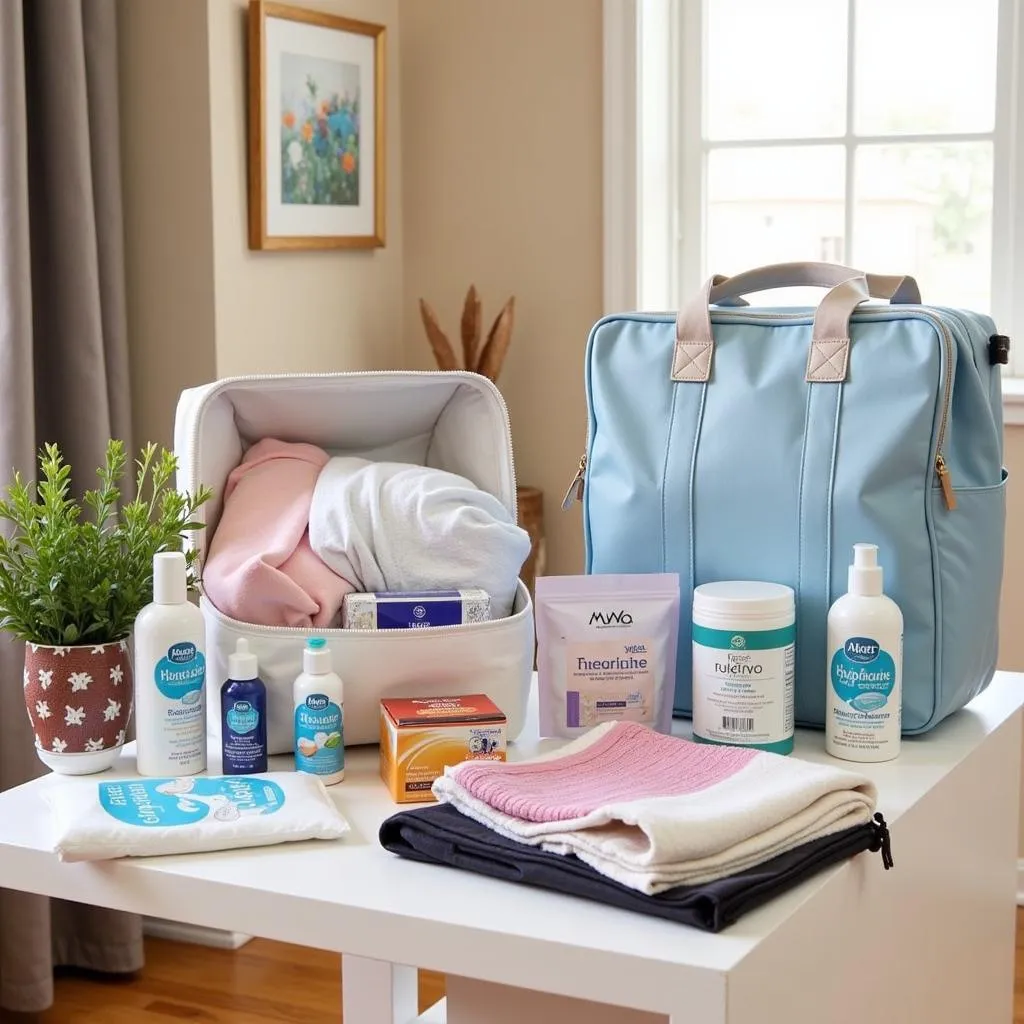 Hospital bag packed with essentials for mom and baby on a table