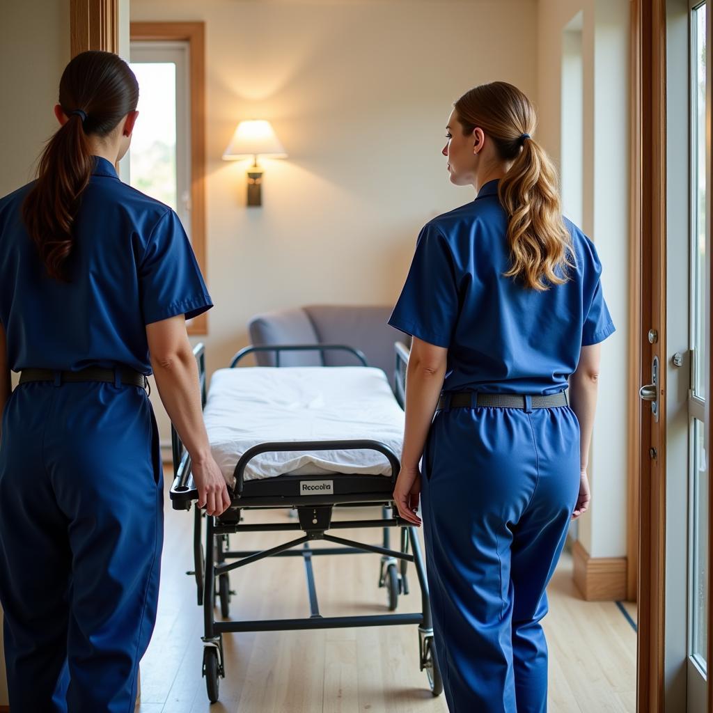 Two professionals in uniform carefully delivering a hospital bed into a home.