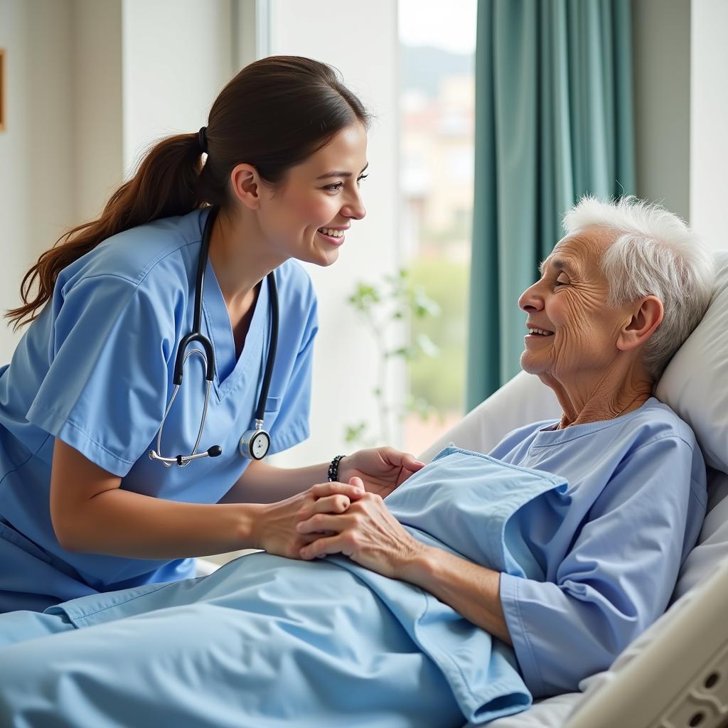 Nurse adjusting a hospital bed for an elderly patient