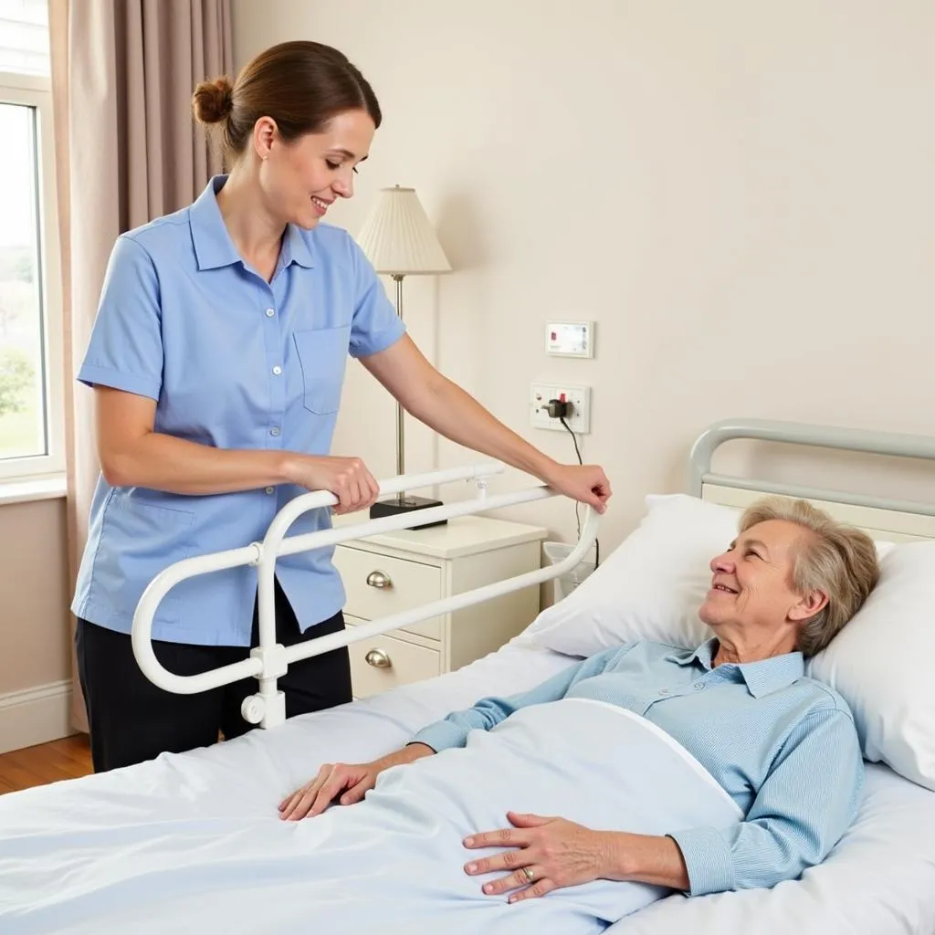 Elderly patient using bed rail for support.