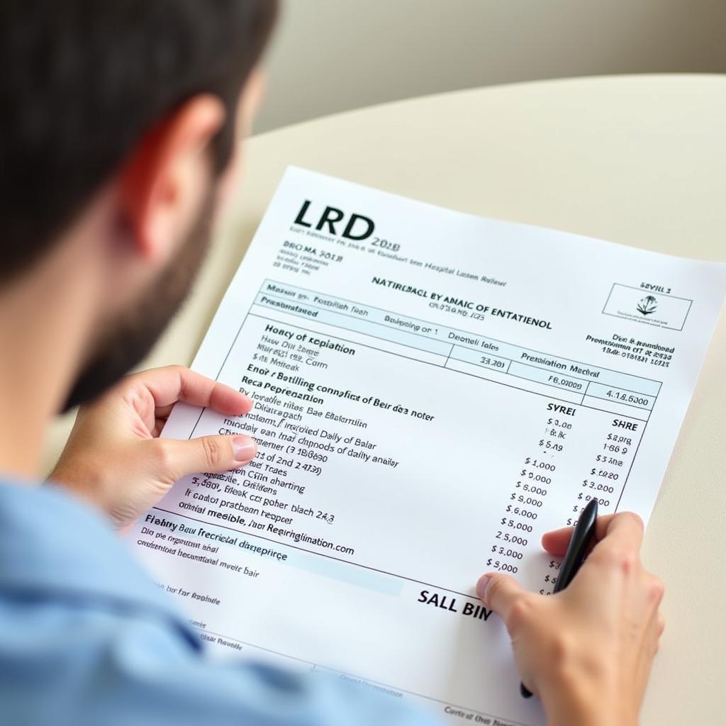 A person reviewing a hospital bill with a concerned expression