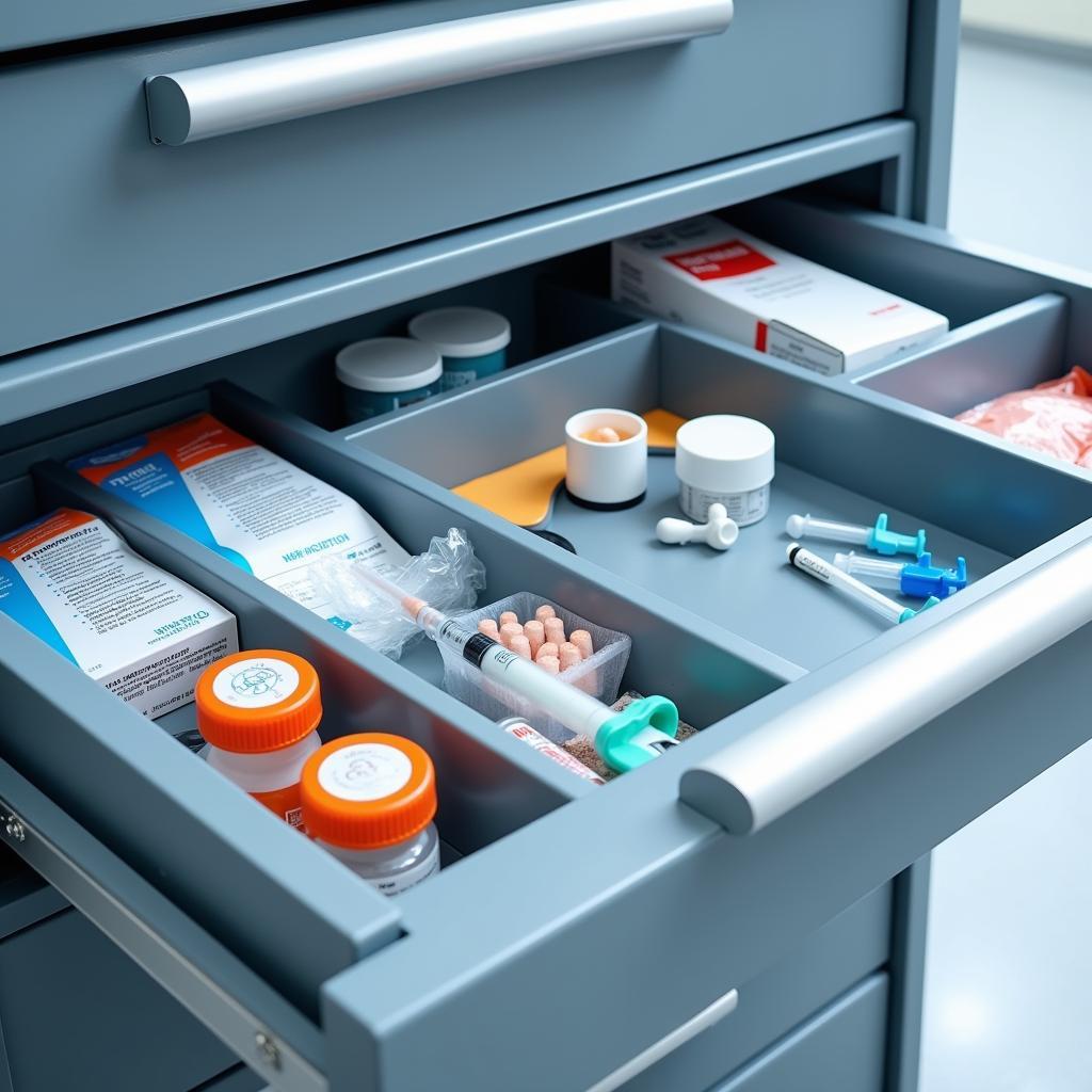 Organized medical supplies in a hospital care cart.