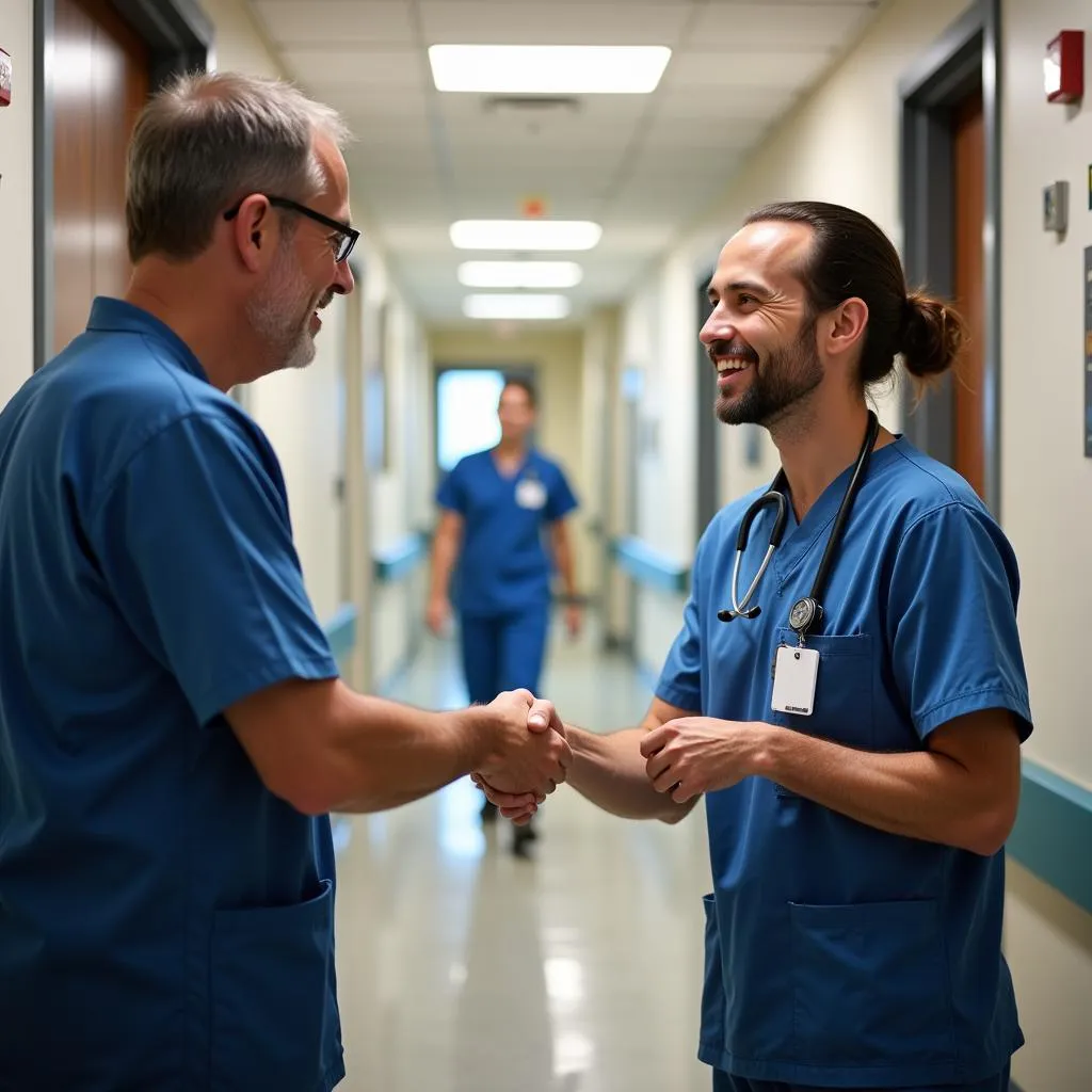 Hospital CEO expressing gratitude and shaking hands with a smiling employee