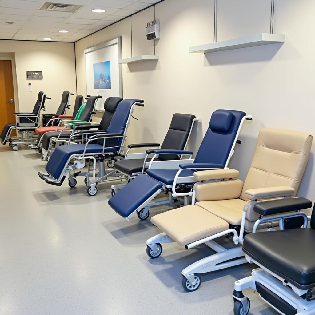 Various types of hospital chairs displayed in a showroom