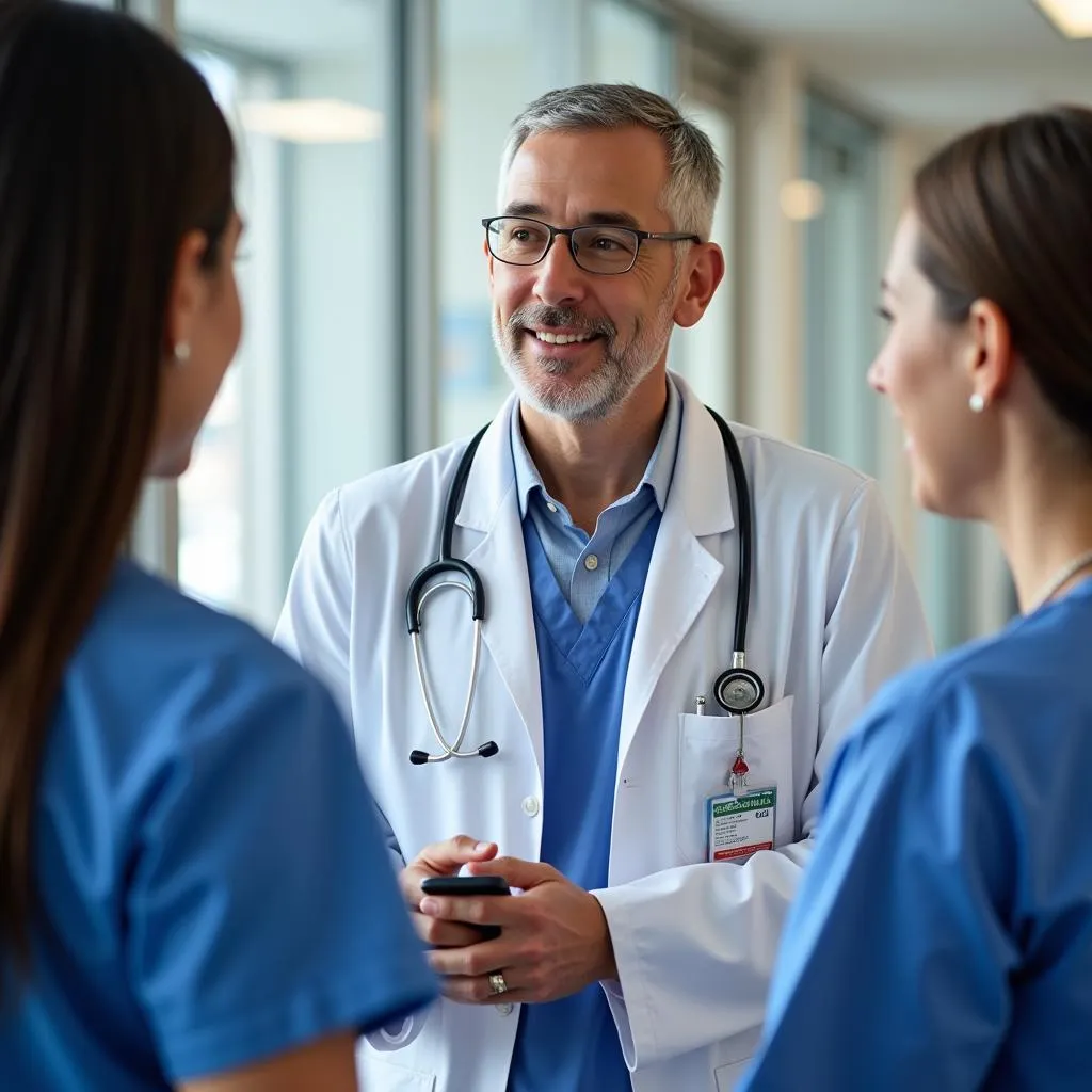 Hospital chaplain discussing a patient's care with the medical team