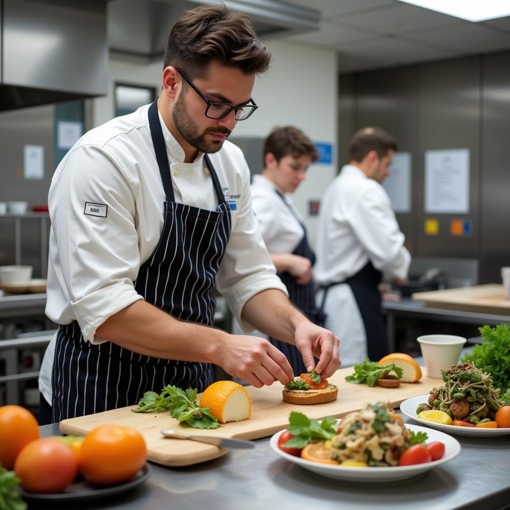 A chef in a pristine white uniform meticulously preparing the daytime dish with fresh ingredients.