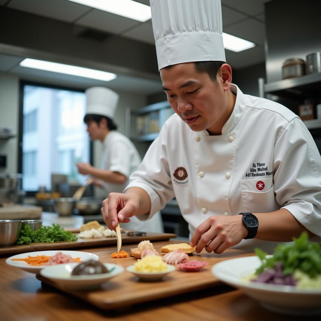 A chef in a hospital kitchen meticulously preparing Japanese cuisine