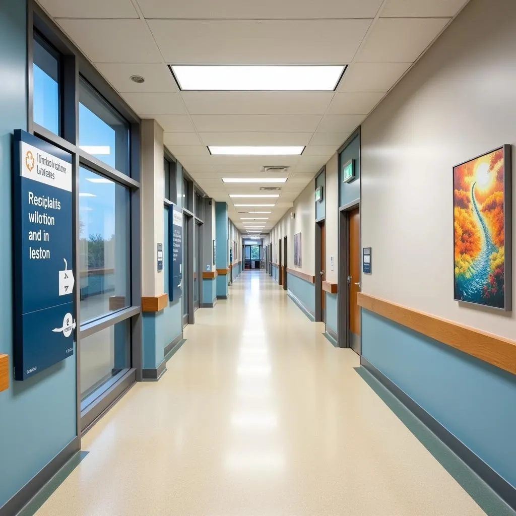 Bright and spacious hospital corridor with clear wayfinding signage and artwork.