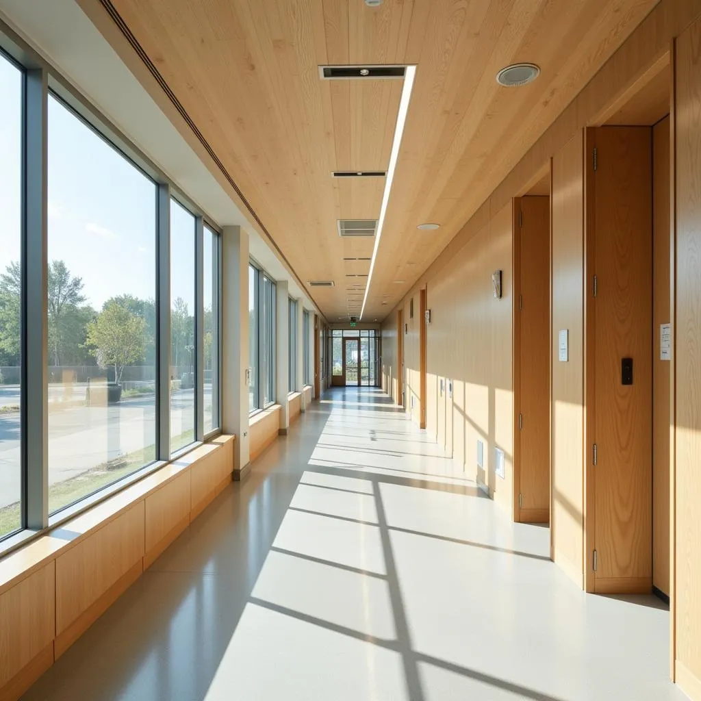 Bright Hospital Corridor with Wood and Natural Light