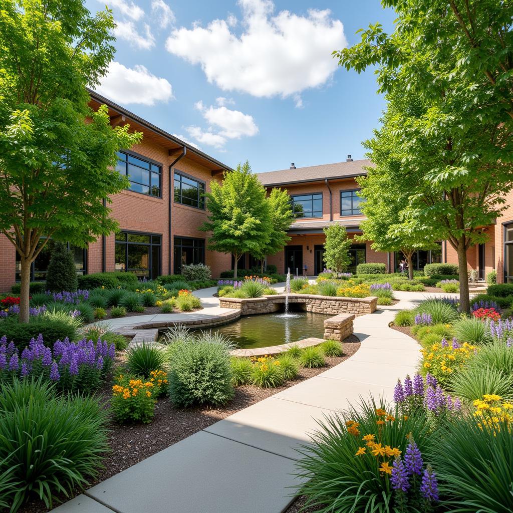 Hospital courtyard with lush greenery and walking paths