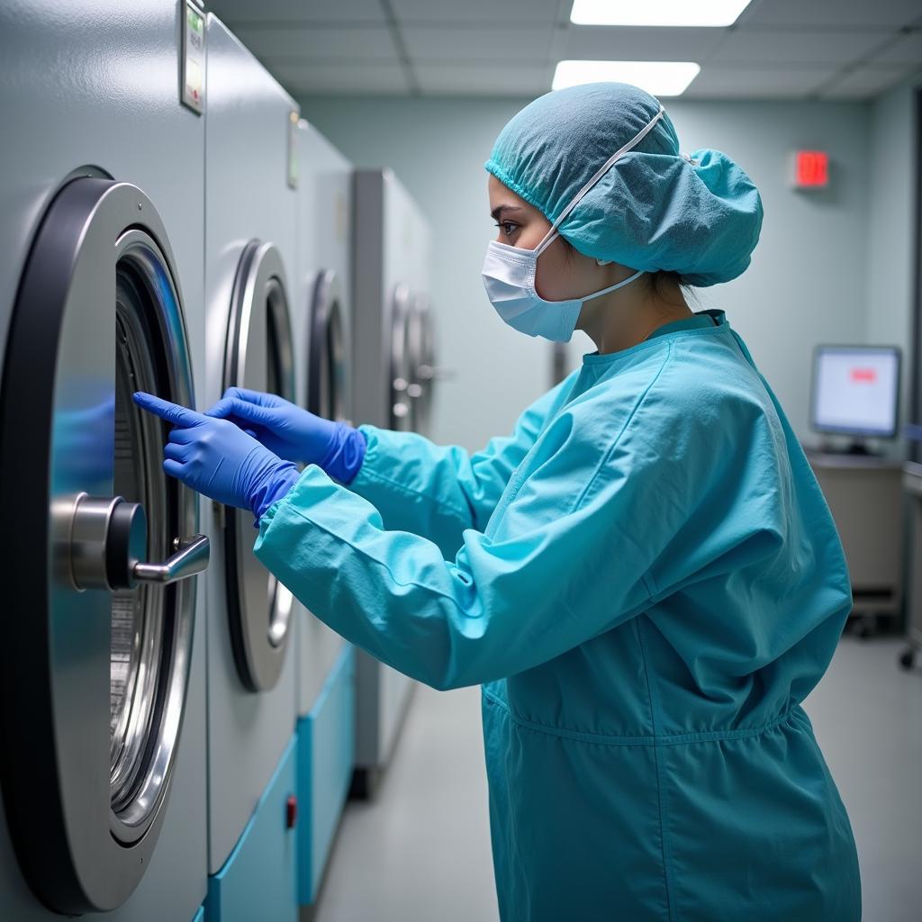 Hospital CST in full PPE operating an autoclave machine for sterilization