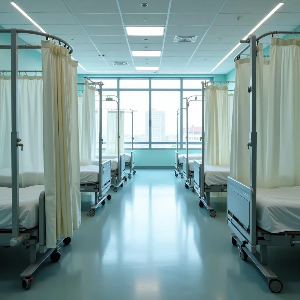 Hospital room with cubicle curtains separating beds