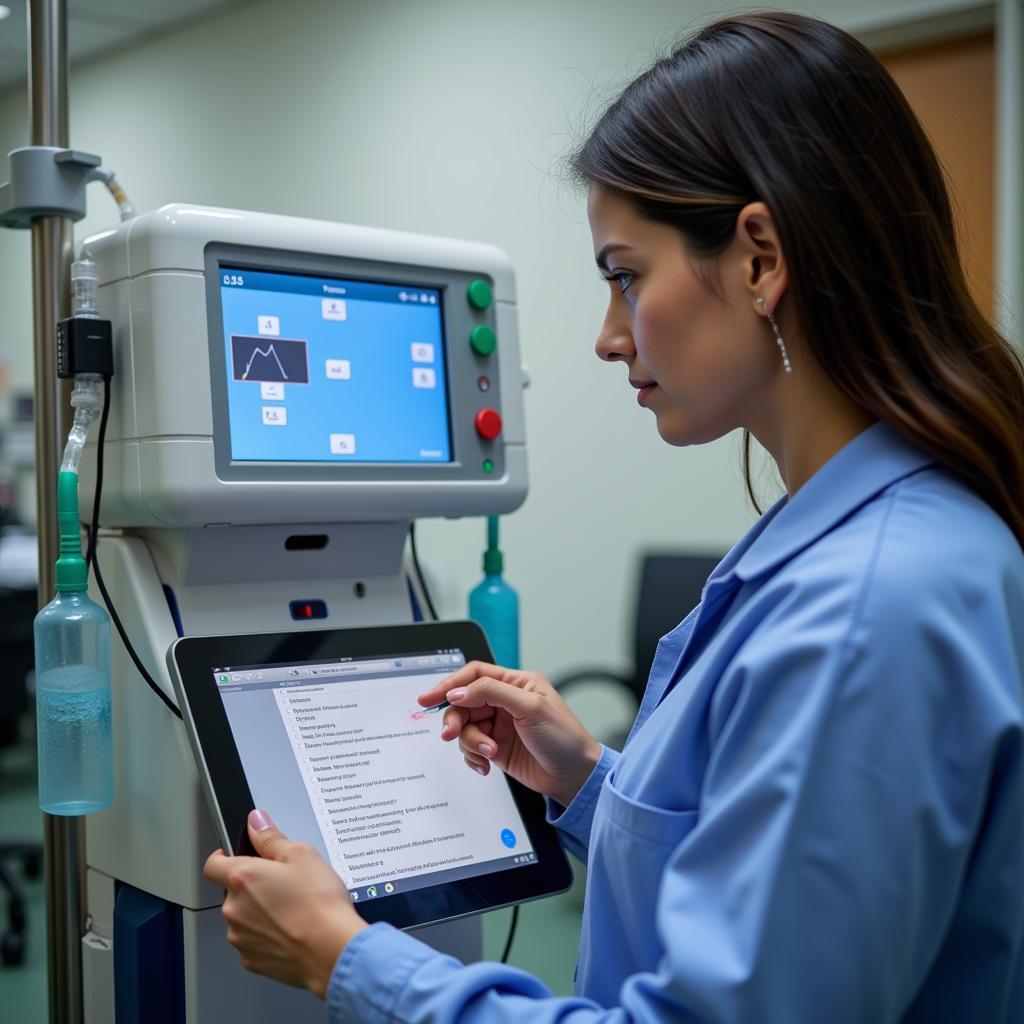 A technician reviewing a maintenance checklist for medical equipment