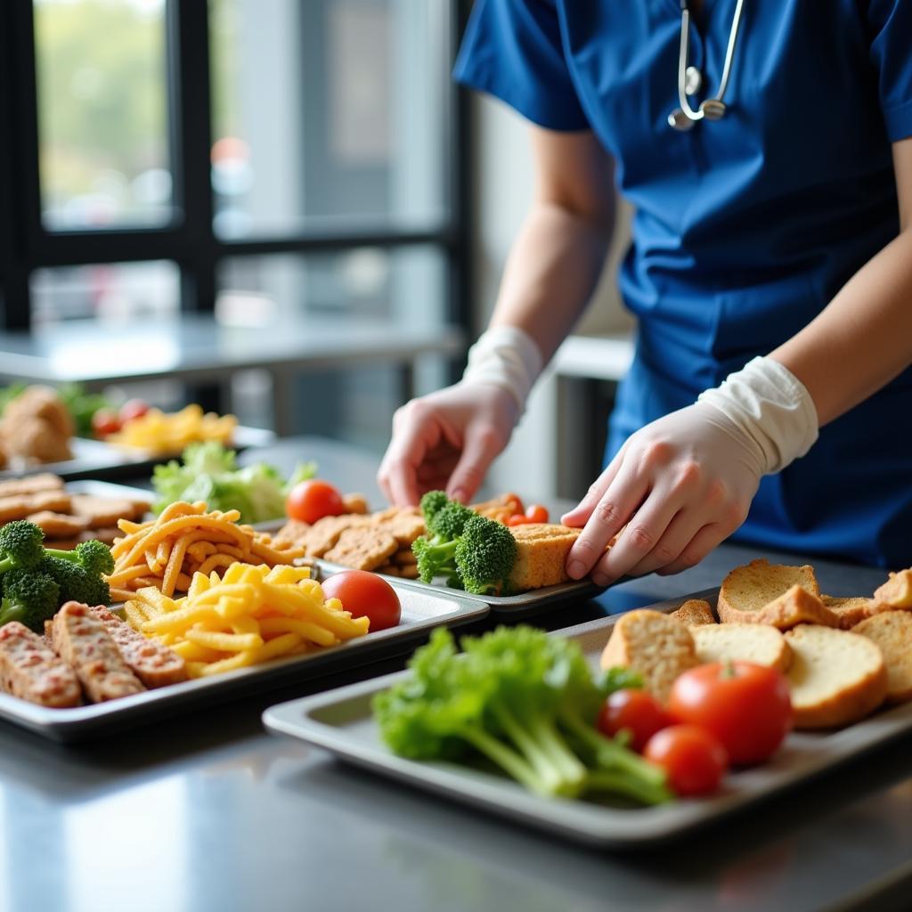 Hospital food service worker carefully preparing a patient meal tray