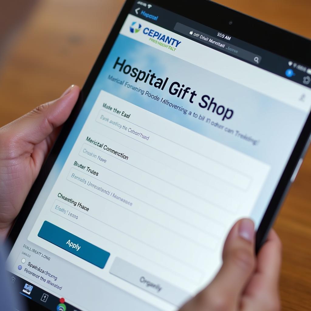 Hospital gift shop job application on a tablet.