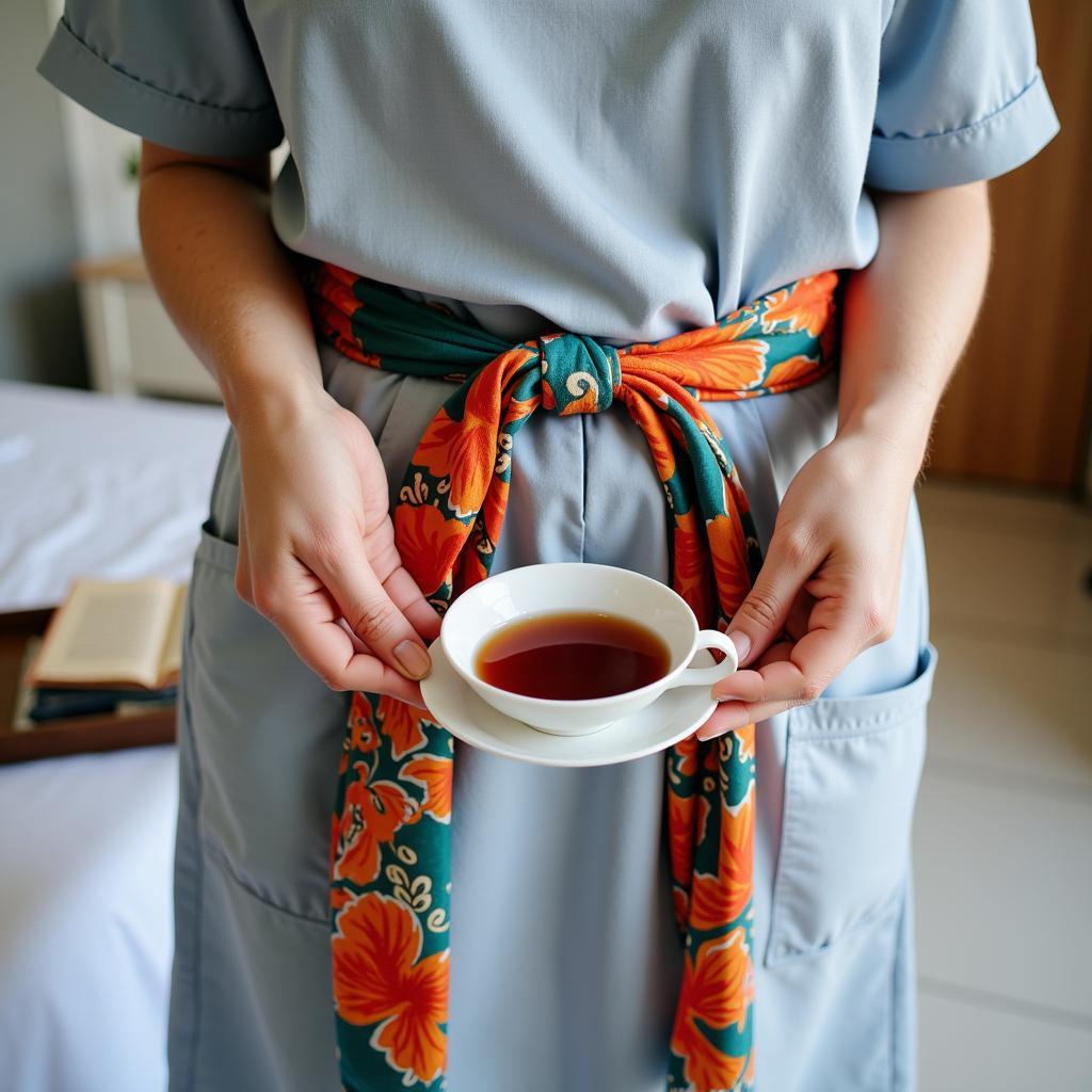 Woman accessorizing a hospital gown