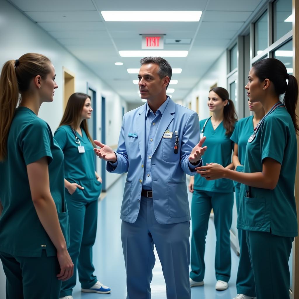 Hospital house supervisor leading a team meeting