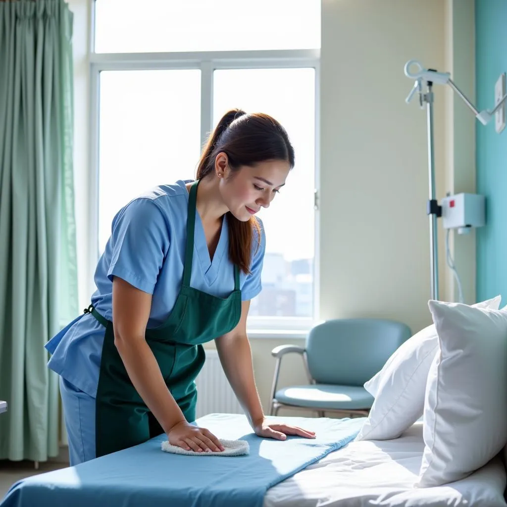 Hospital housekeeper diligently cleaning a patient room