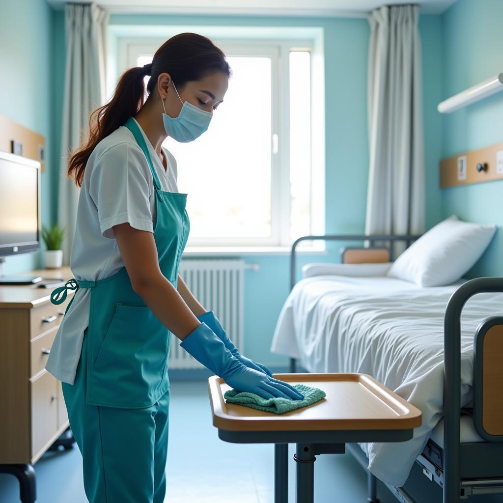 Hospital Housekeeper Cleaning Patient Room