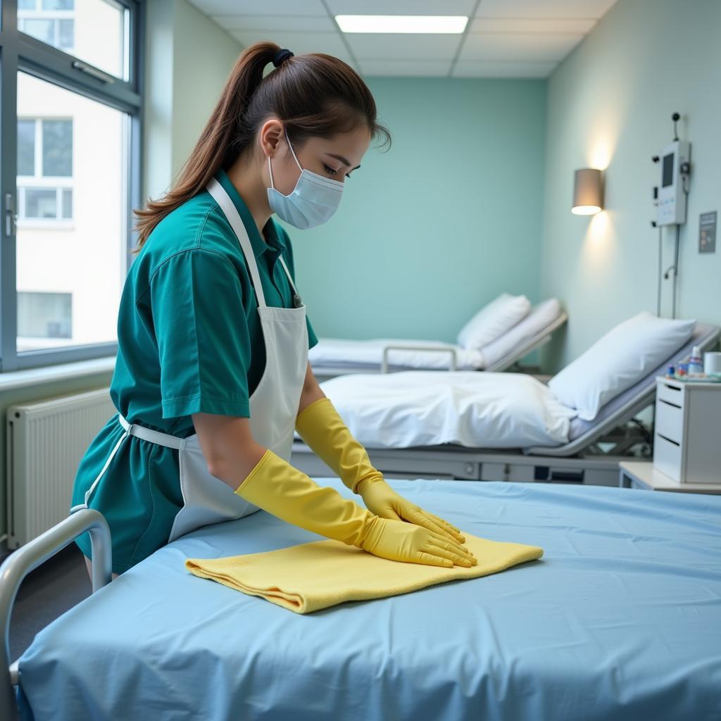 Hospital Housekeeper Disinfecting Surfaces