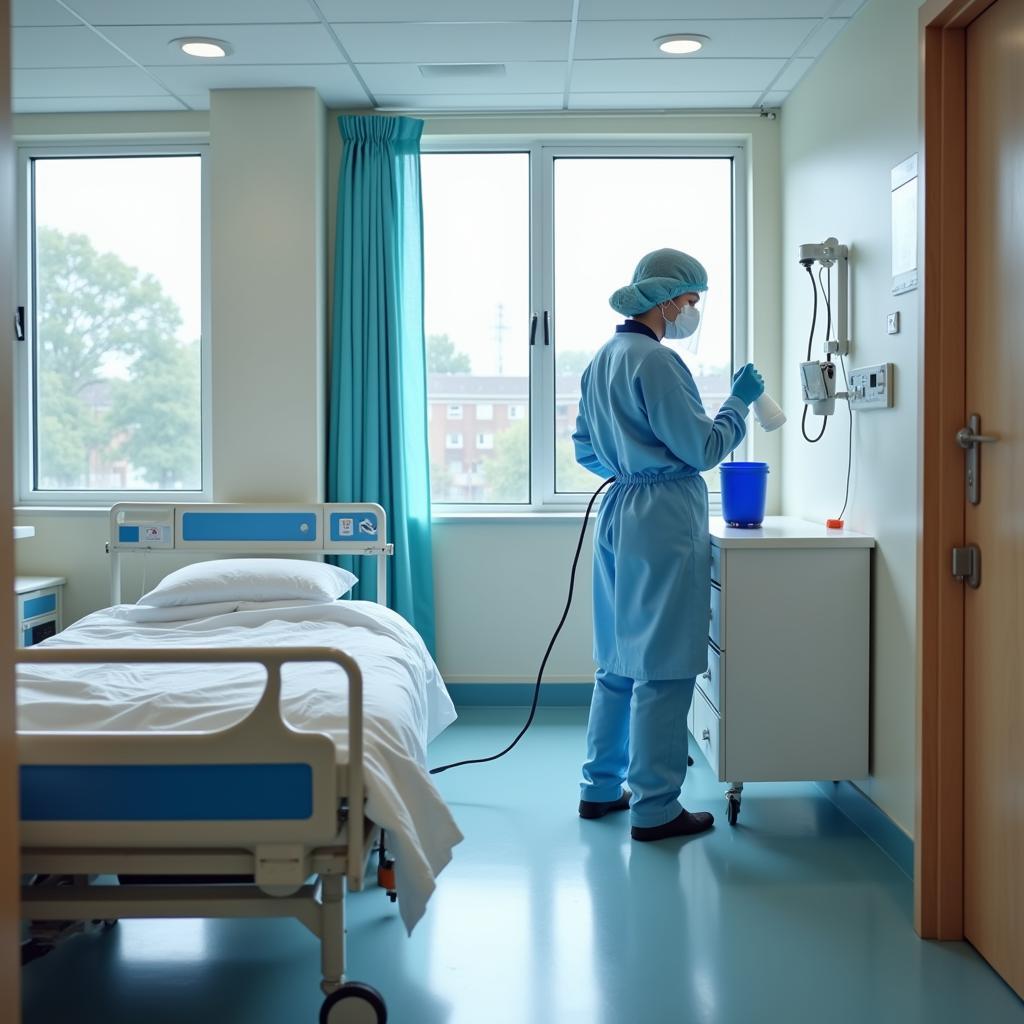 Hospital Housekeeper Disinfecting Patient Room