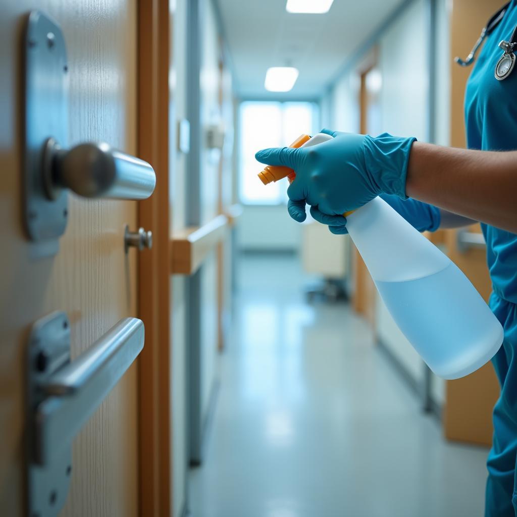 Hospital Housekeeper Using Disinfectant