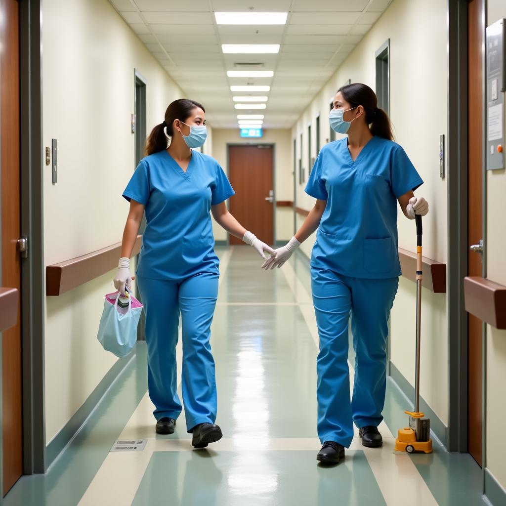 Hospital Housekeepers Working Together in Hospital Hallway