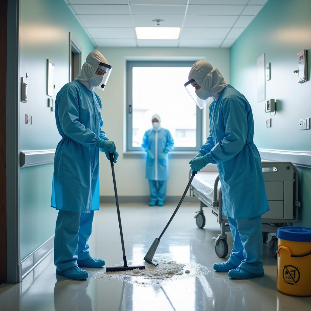 Hospital Housekeeping Staff Cleaning and Disinfecting Surfaces