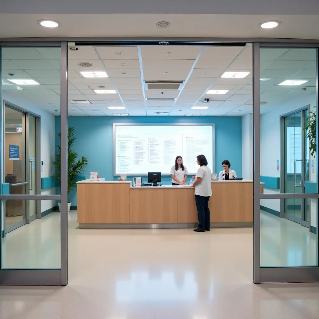 Hospital information desk with staff