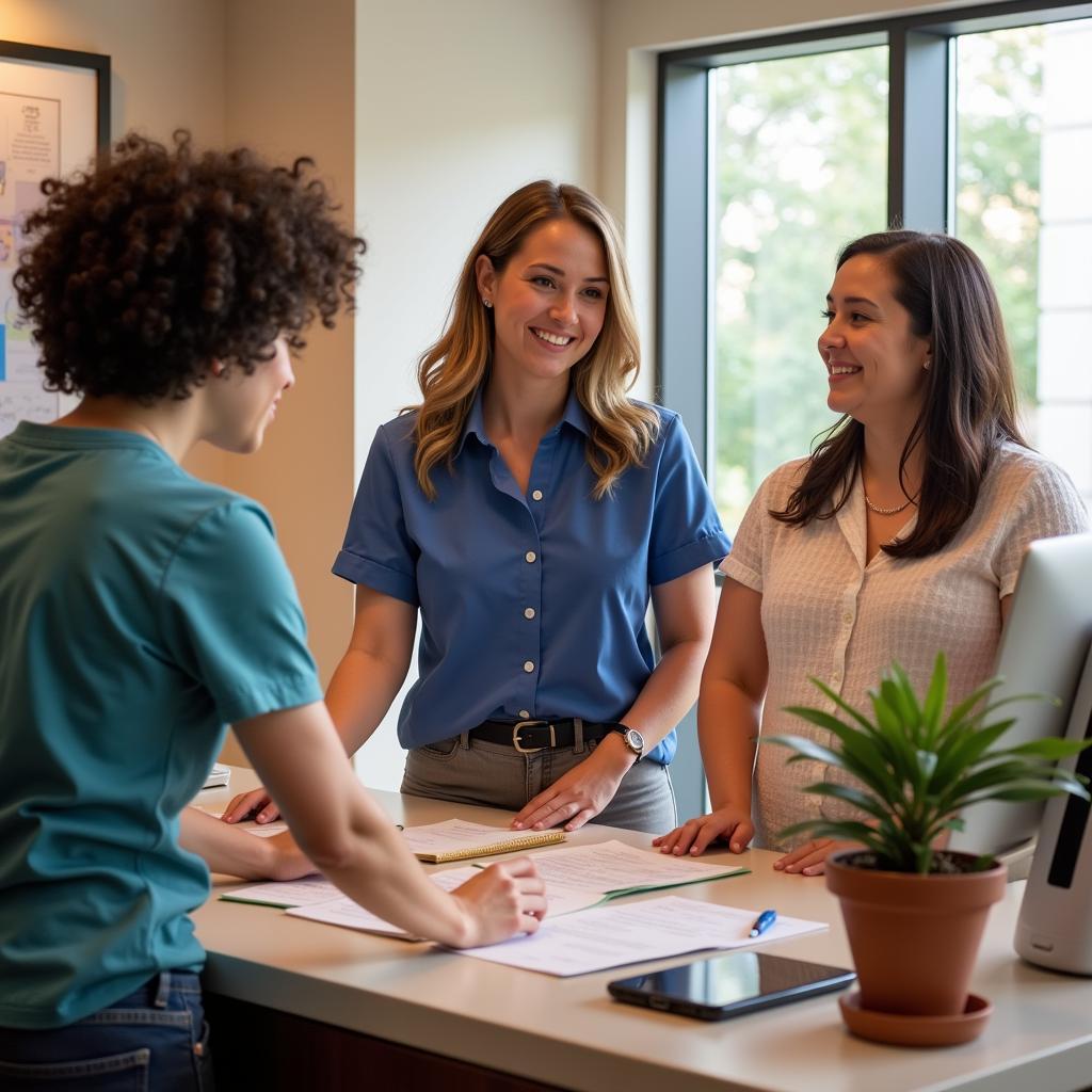 Welcoming staff members assisting visitors at the hospital information desk.