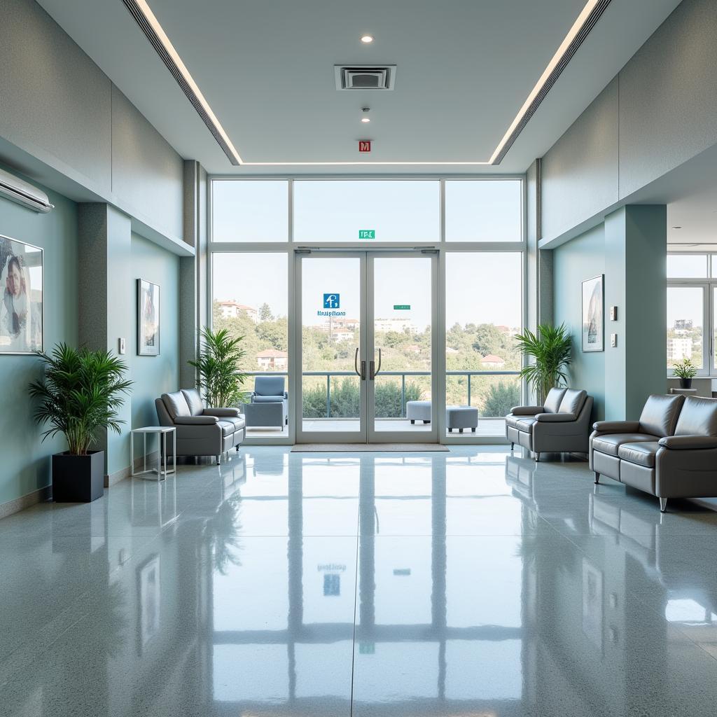 Spacious and well-equipped hospital waiting area with English signage.