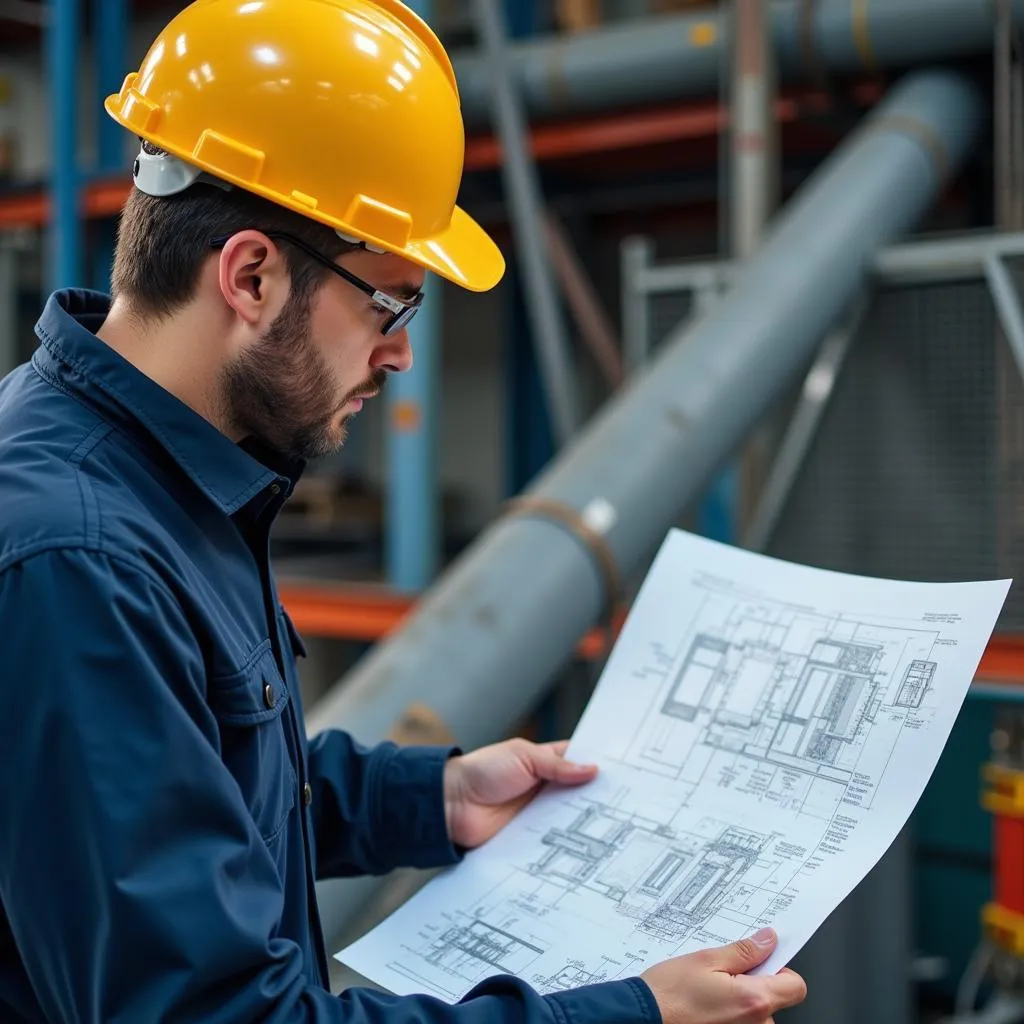 Hospital Maintenance Worker Reviewing Blueprints