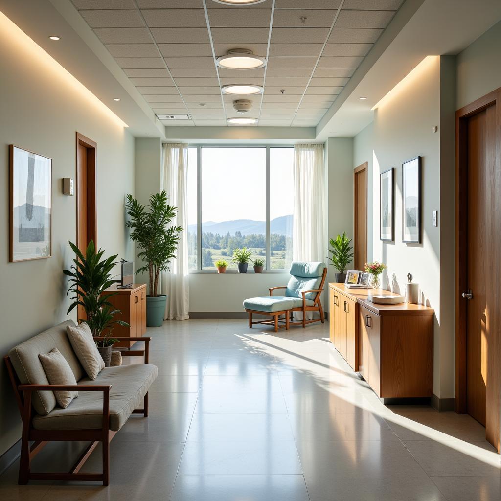 A warm and inviting hospital waiting room, filled with natural light and comfortable seating.