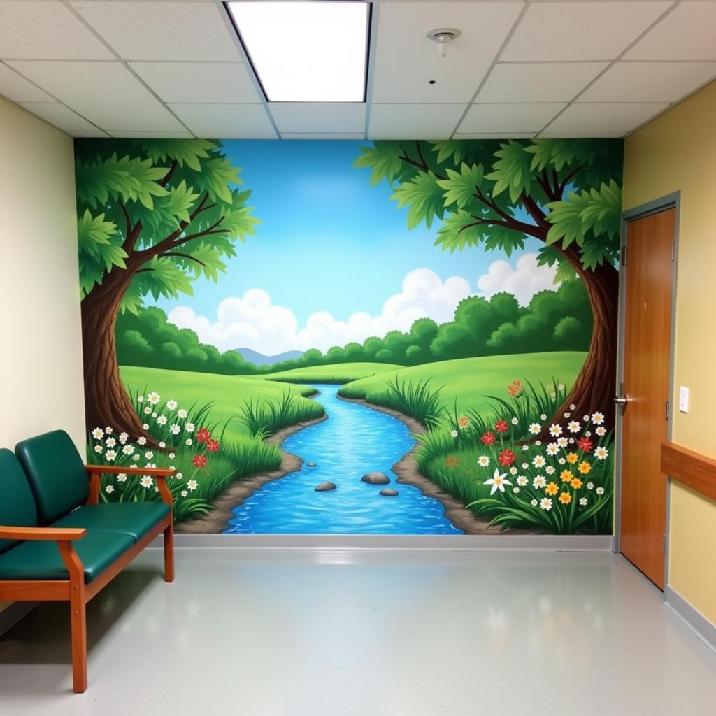 Calming nature scene mural in a hospital waiting area