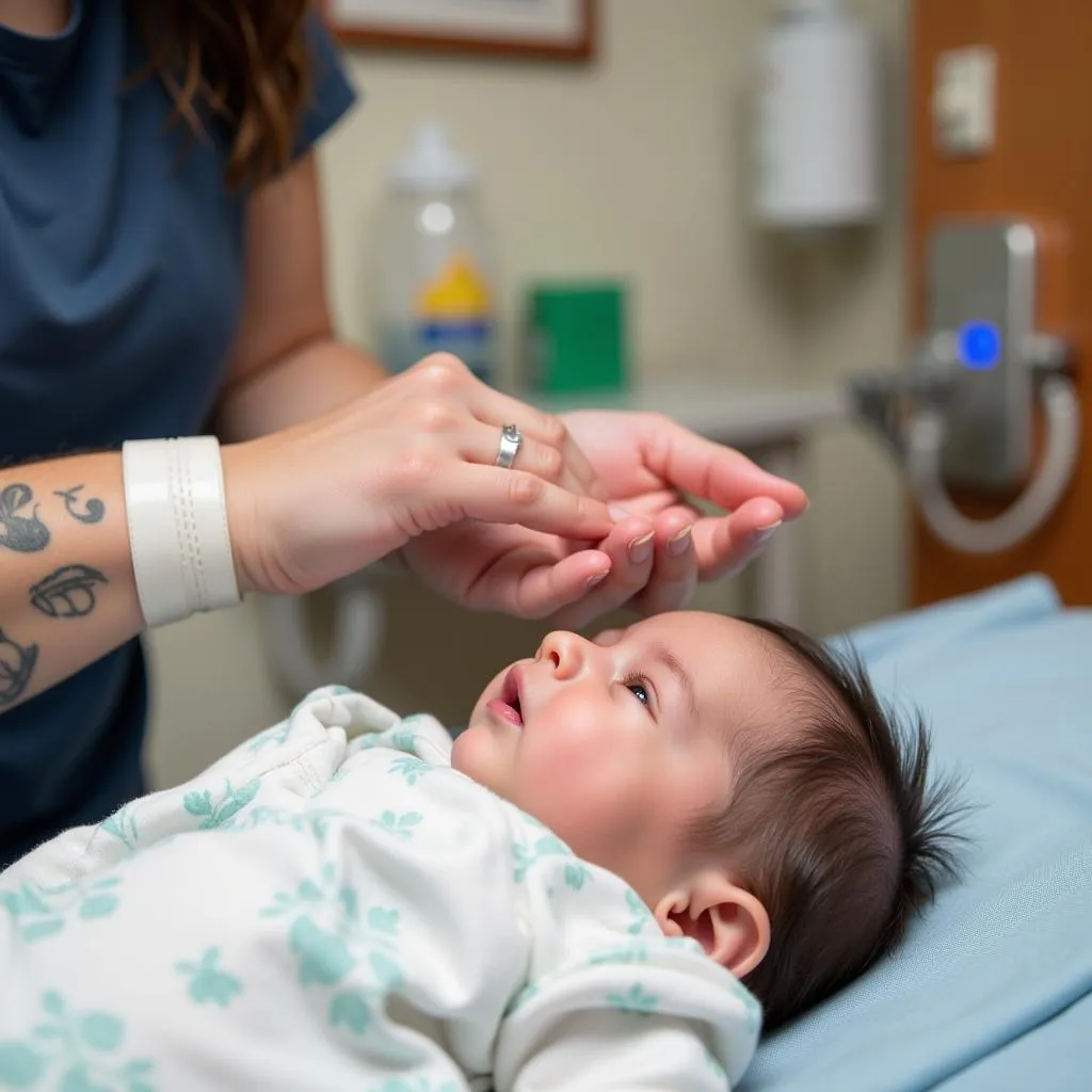 Hospital newborn photographer practices safety and hygiene by sanitizing hands