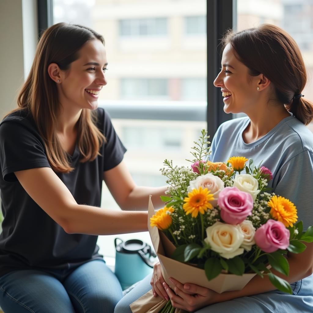 Hospital patient receiving flowers from a loved one