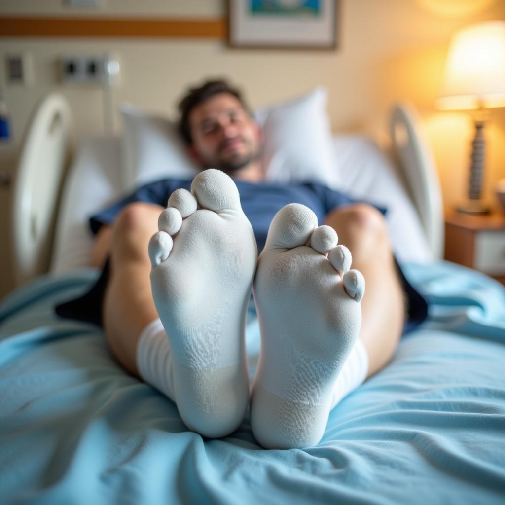 Patient comfortably resting with hospital socks on