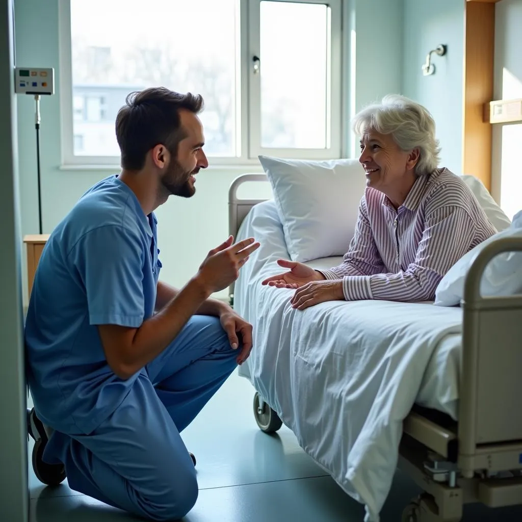 Hospital porter leans down to speak with an elderly patient in a hospital bed