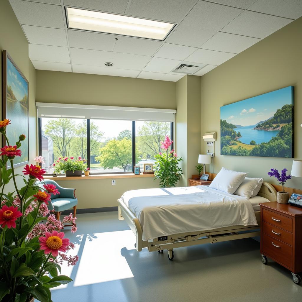 Hospital room with calming artwork and indoor plants.