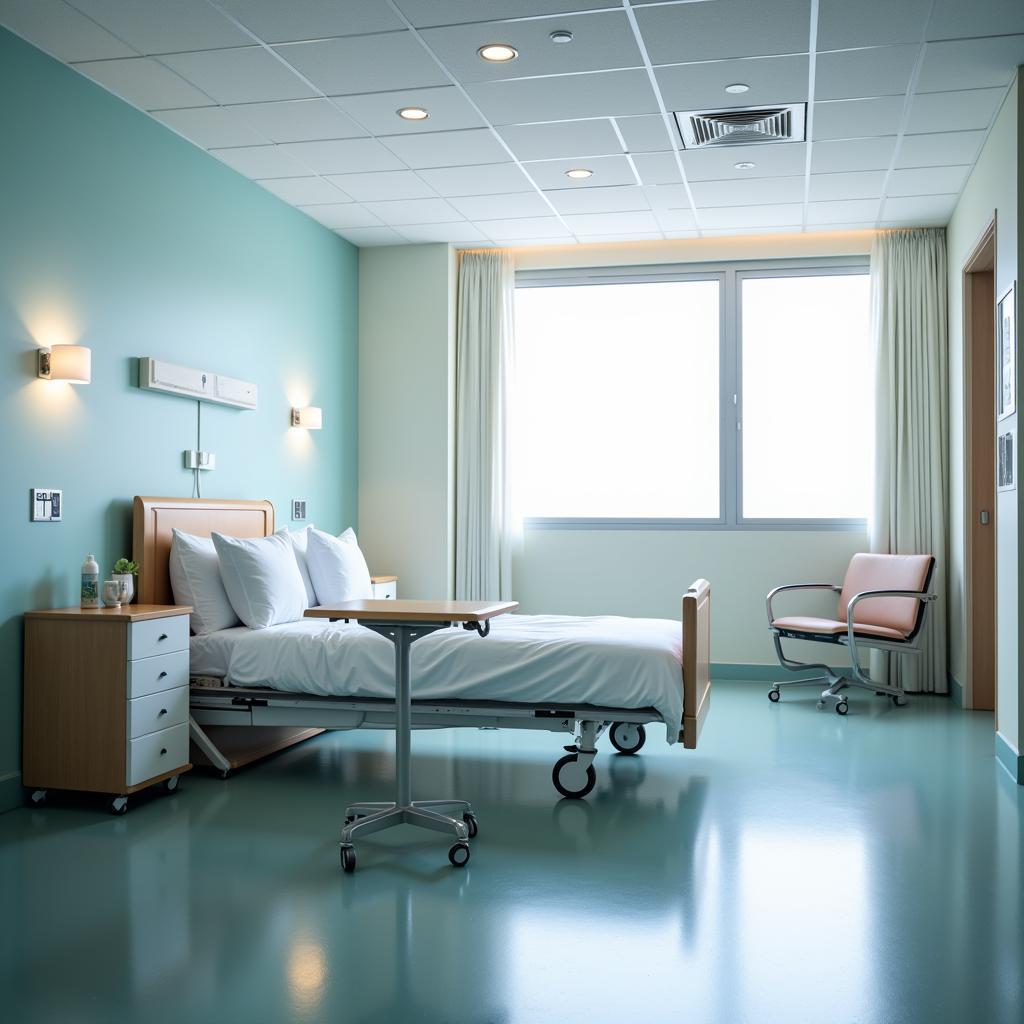 Spacious hospital room with a rolling table