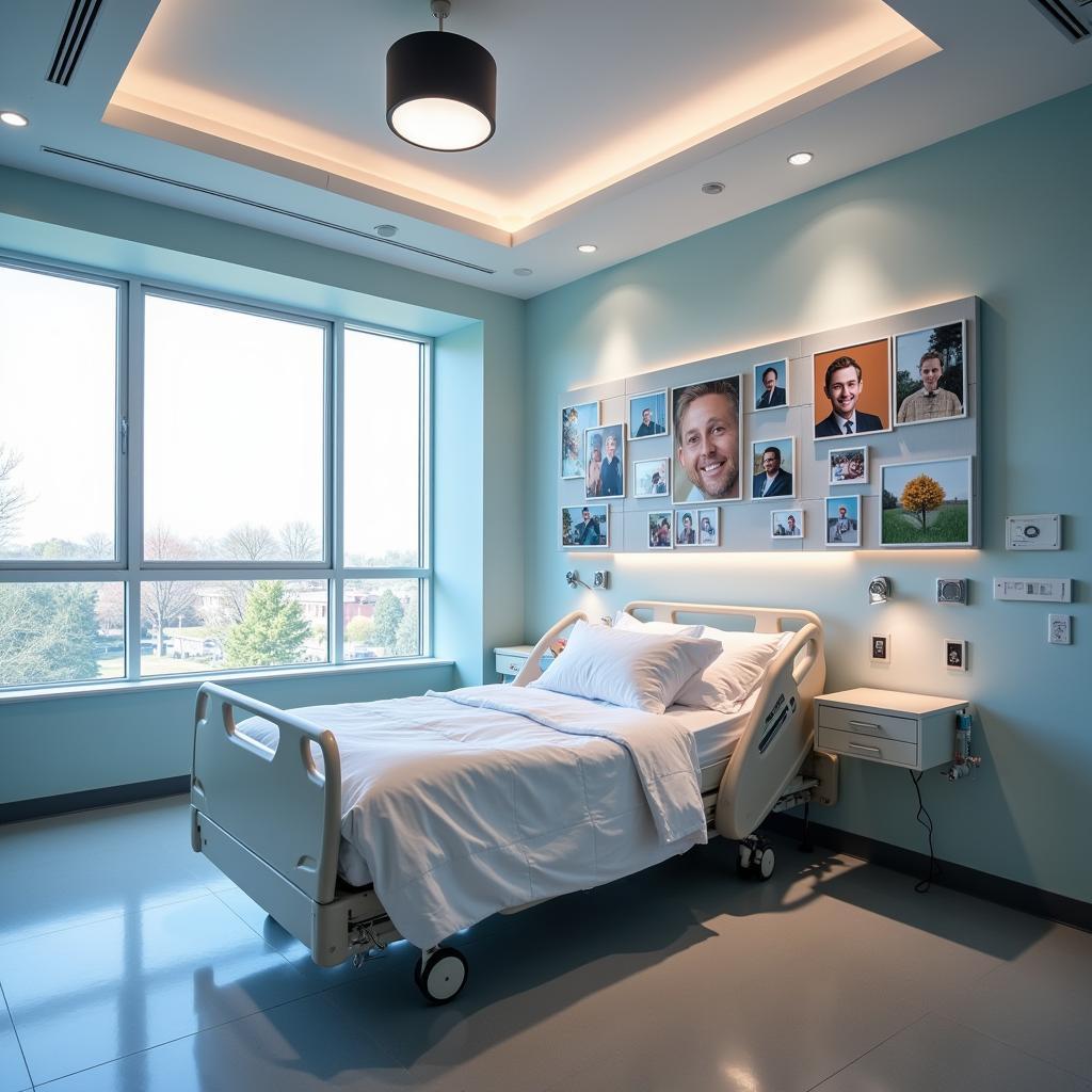 Hospital room with adjustable lighting and a customizable art wall