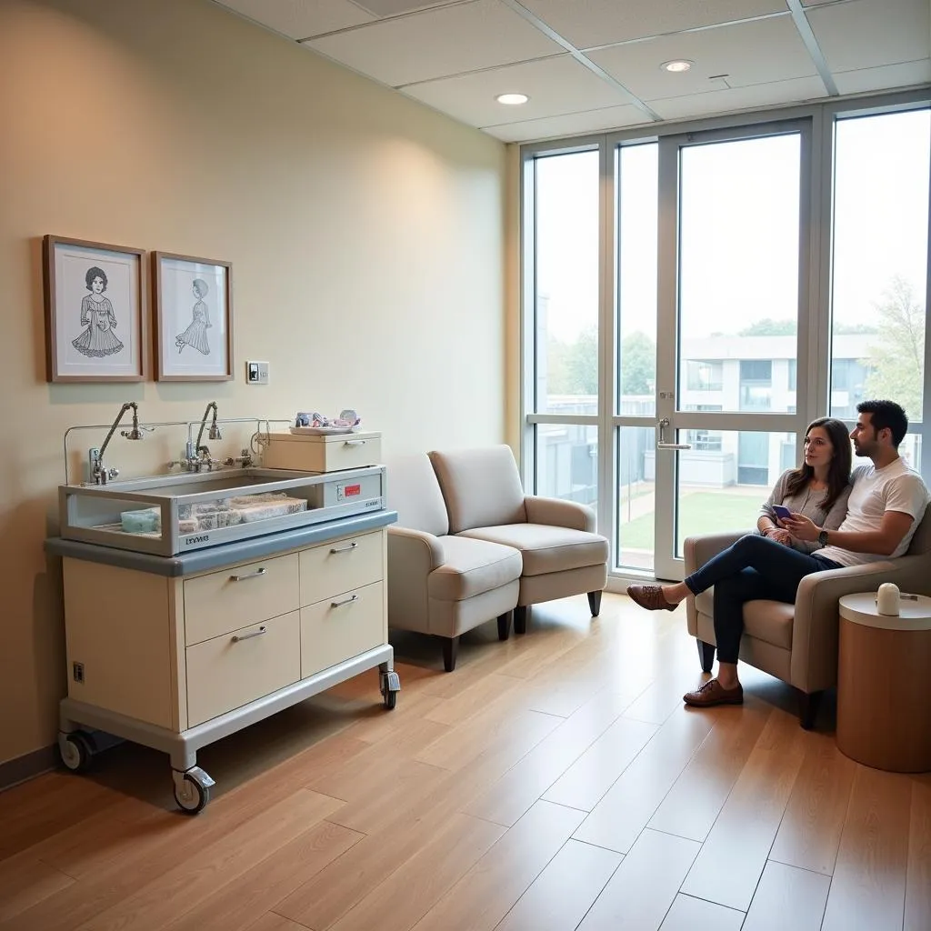 Modern hospital room equipped with a baby box and seating for parents