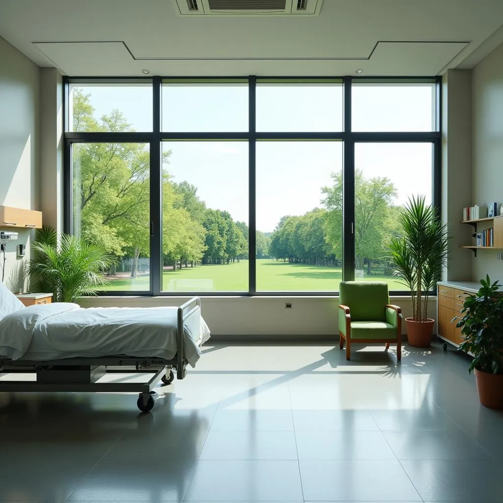 Modern hospital room featuring biophilic design elements with large windows and indoor plants.