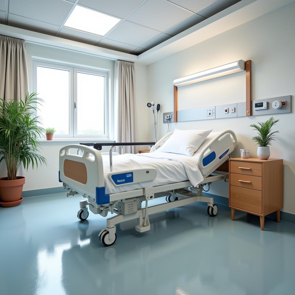 Hospital room with an Invacare G50 bed and heavy-duty table