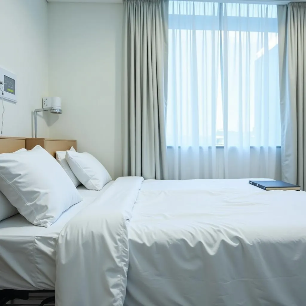 Hospital room with neatly made twin bed