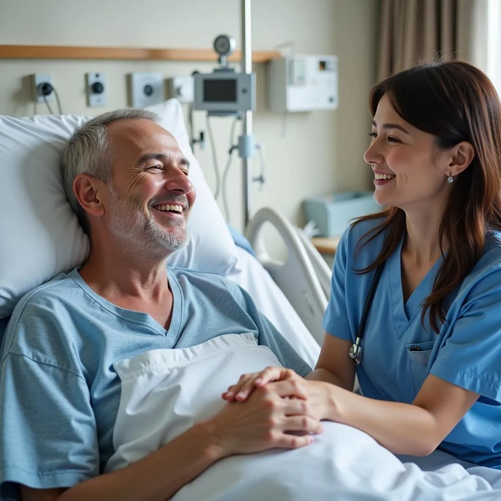 A patient and visitor engaging in a heartwarming moment in a hospital room